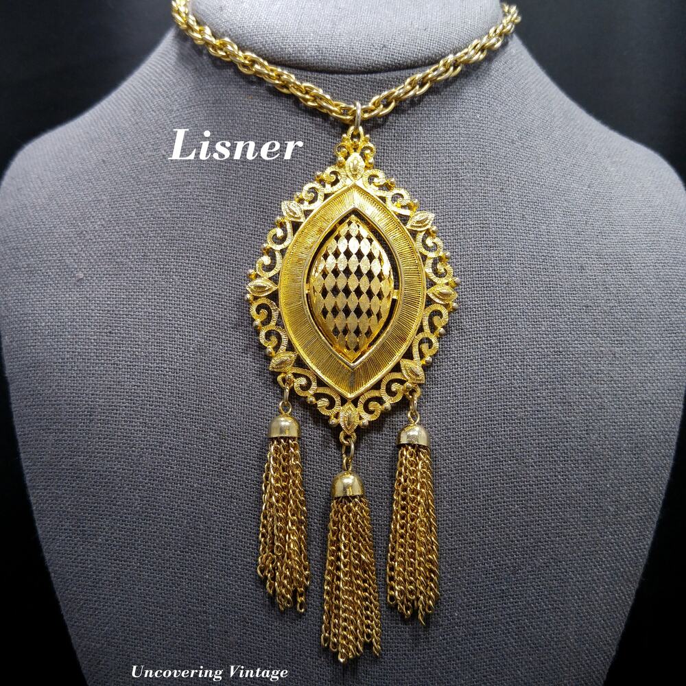 Lisner Long Pendant Necklace, Three Tassel Pendant, 1960s Vintage Jewelry